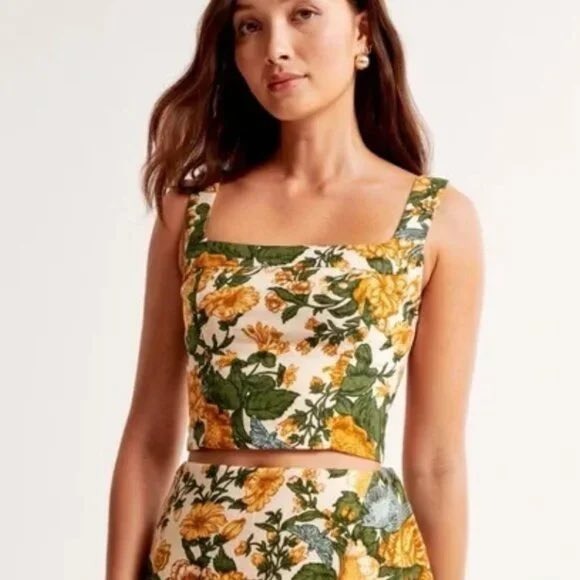 Abercrombie & Fitch Tops - Abercrombie & Fitch Womens Yellow Green Floral Linen Blend Smocked Crop Top XXS